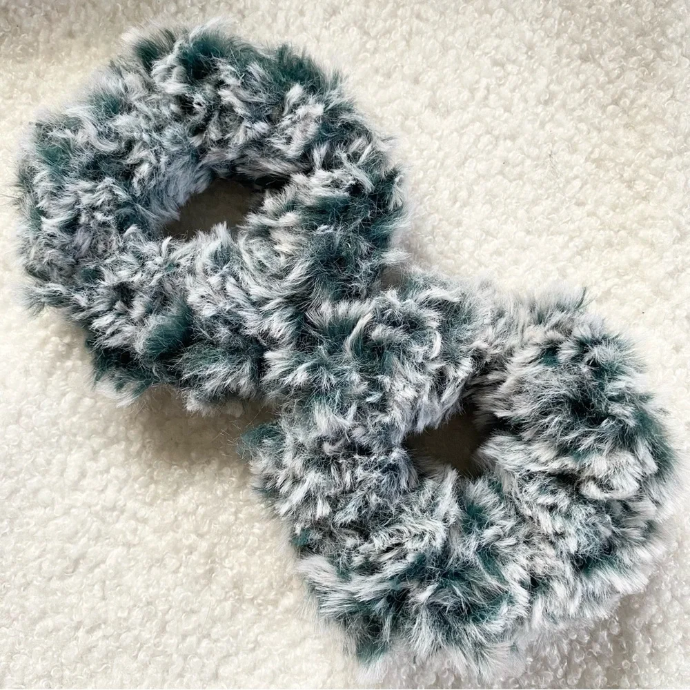 Emerald Green Faux Fur Handmade Hair Scrunchies Set of 2